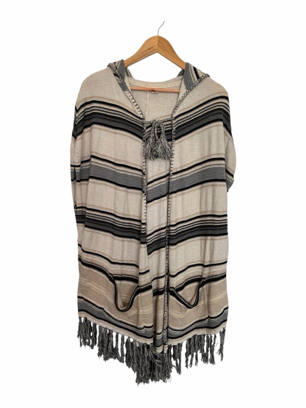 Moth Anthropologie Calexico Neutral Striped Knit Hooded Long sleeveless Poncho
